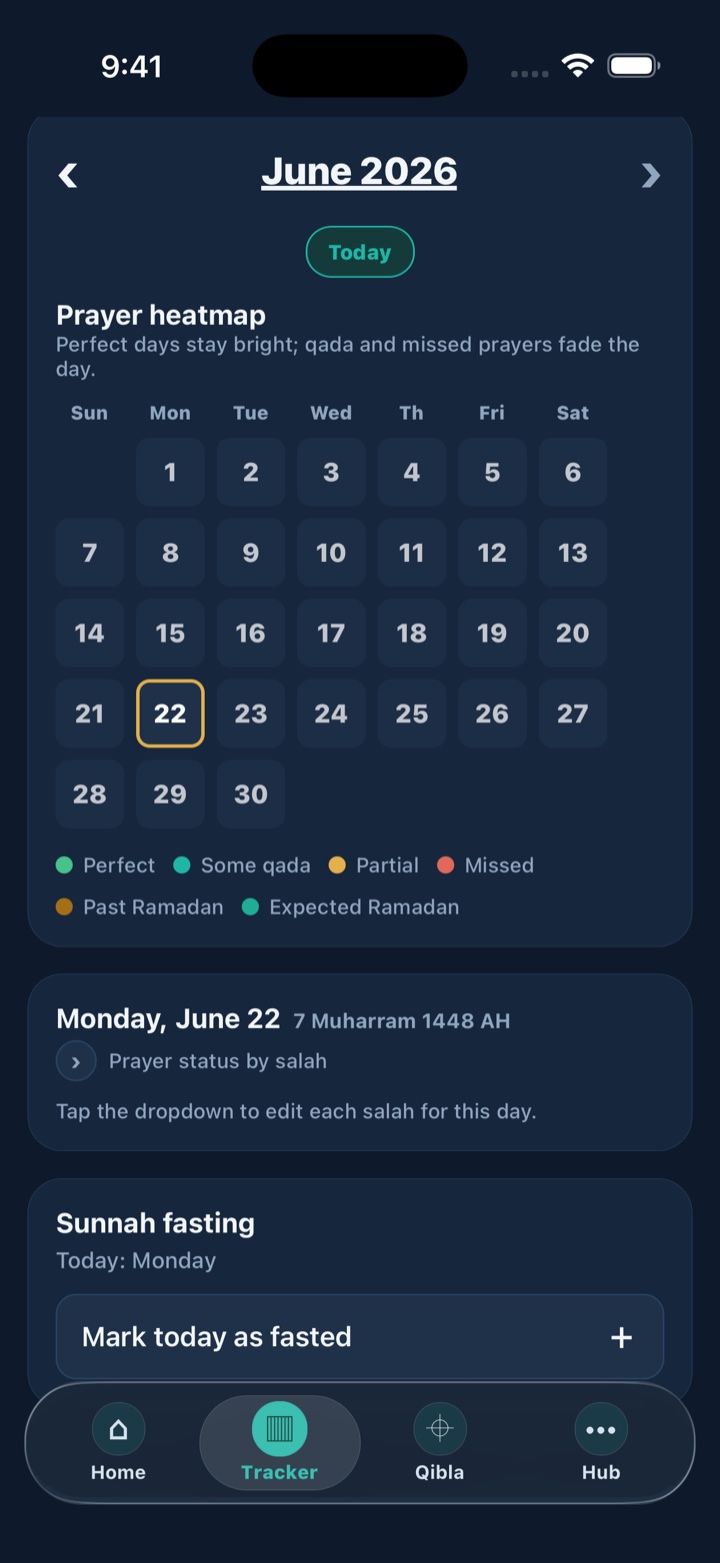 Sacred tracker screen with prayer heatmap and fasting card.