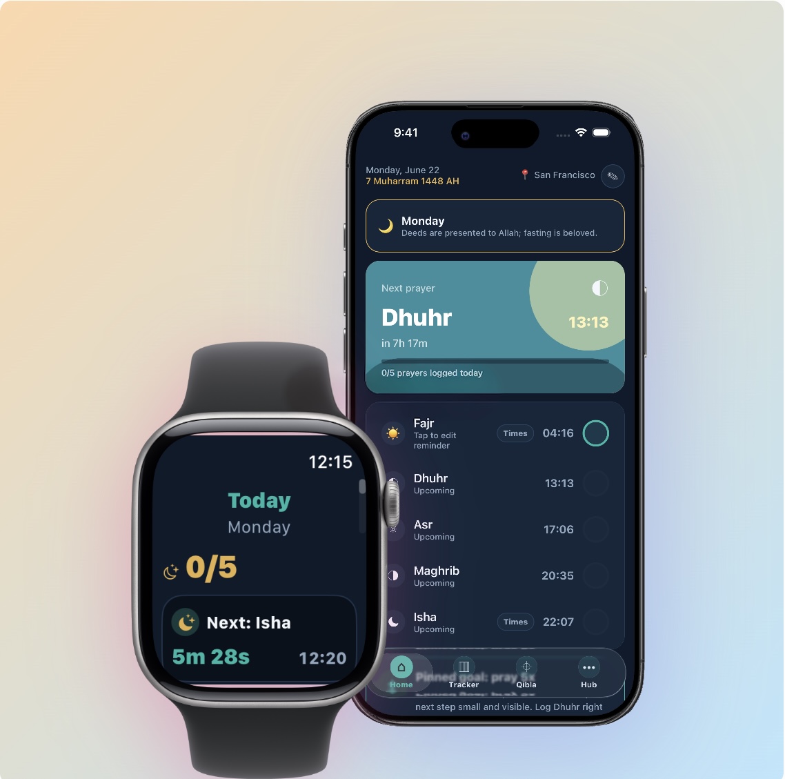 Sacred on Apple Watch and iPhone side by side, showing prayer times and tracker.